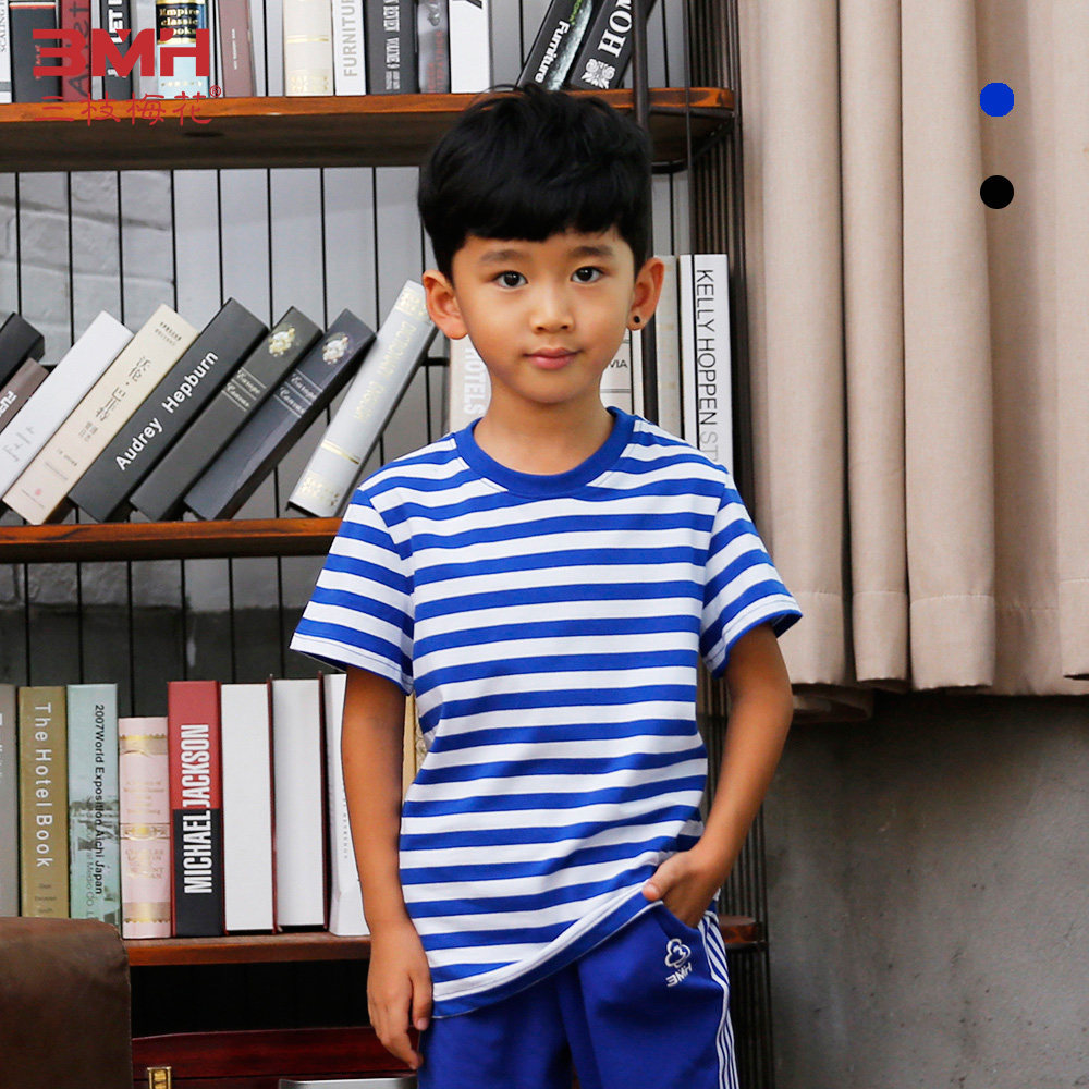 Three branches plum brand boys and girls short sleeves T-shirt for children with striped children sports T-shirt summer new parent-child wear