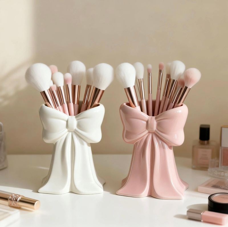 High-Quality Ceramic Cute Bow-Shaped Makeup Pen Storage Bottle, Indoor Desktop Decoration, Multi-Functional Storage Ornament