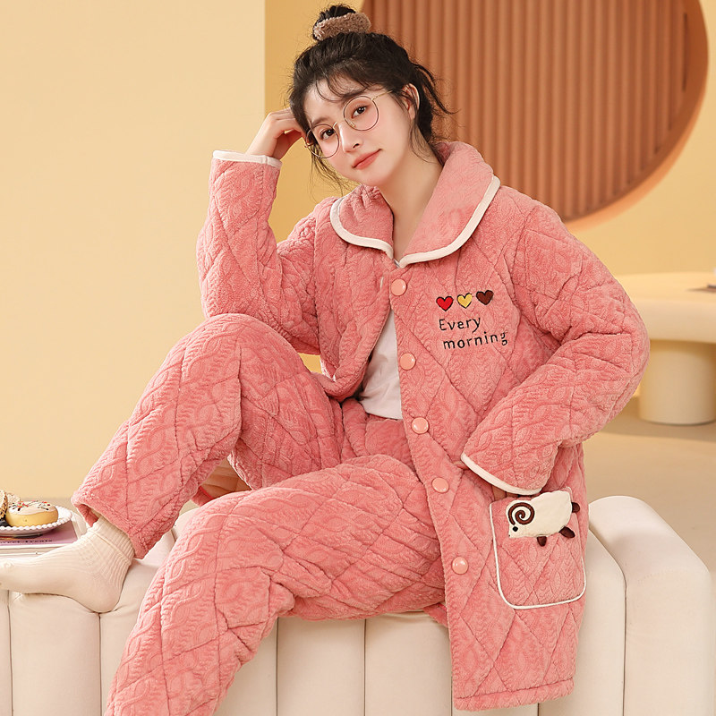 Sleeping Lady Winter Coral Suede Triple thickened clip cotton flannel Warm Flannel Warm Fleece home Suit Autumn winter paragraph-Taobao