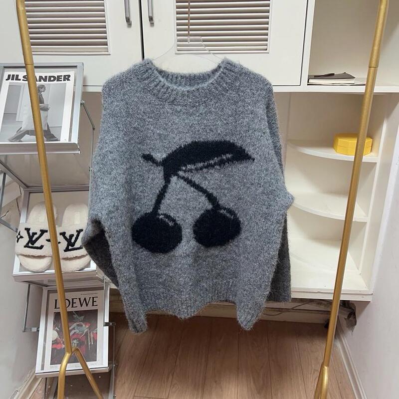 Thickened Version! Autumn and Winter Style, Same Style as Sun Yi and Mao Xiaotong, Smoke Gray and Black Cherry Jacquard Mohair Pullover Sweater for Women