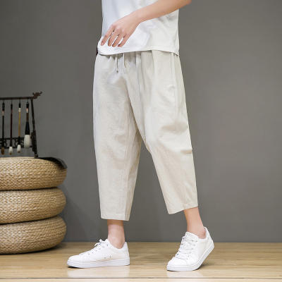 Linen 9-inch pants for men, summer thin ice silk cotton and linen pants, men's Chinese-style loose straight 9-inch casual pants