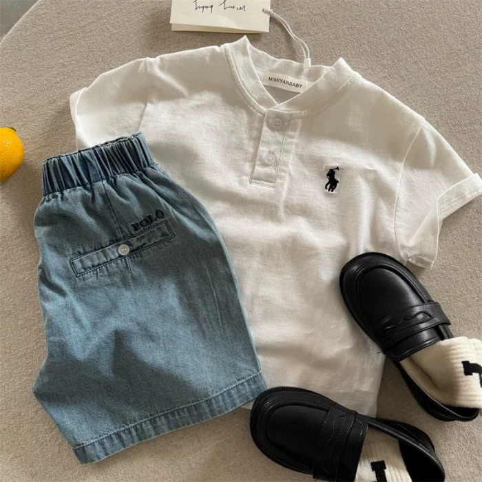 Summer Japanese children's polo for boys, solid T-shirt, with embroidery