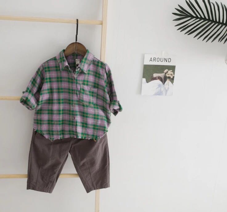 Phong cách trang nhã Quần vải trẻ em Hàn Quốc cotton trẻ em và vải lanh viền cotton và áo sơ mi vải lanh 2019 mùa thu phong cách mới - Áo sơ mi áo sơ mi lót lông trẻ em