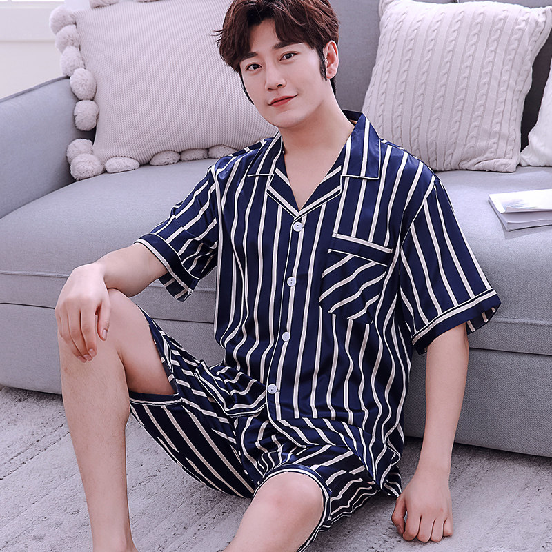 Petti summer simulation silk thin pajamas men's summer short-sleeved shorts youth ice silk men's home clothes suit summer