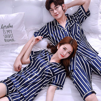 2 sets price lovers sleepwear summer short sleeve thin section sexy emulated silk women summer suit cardiovert striped male home dress