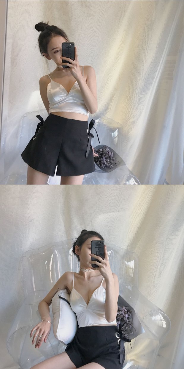 Mùa hè mới Hàn Quốc retro chic gió gợi cảm hoang dã đoạn ngắn không có vòng thép satin V-cổ sling áo bánh bèo