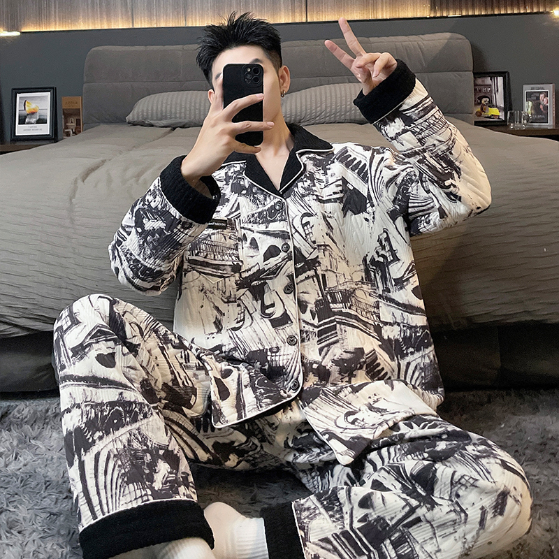 Men's Pajamas Autumn and Winter Air Cotton Long-Sleeve Plus Size 150kg Cartoon Loose Layered Loungewear Set