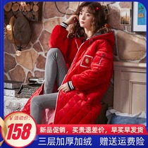 Sleeping Robe Woman Autumn Winter Coral Suede Thickened lengthened Warm Outer Wear Flannel Triple Clip Cotton With Cap Pyjamas
