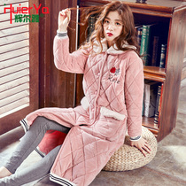 Even cap sleeping robe female winter coral suede thickened lengthened with warm outer wear for winter bathrobe flannel clamp cotton pyjamas