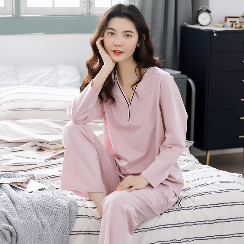 Pure Cotton Pyjamas Woman Long Sleeve Autumn Full Cotton Spring Autumn Thin summer Home Residence Dress V Collar Suit Door Lady Casual-Taobao