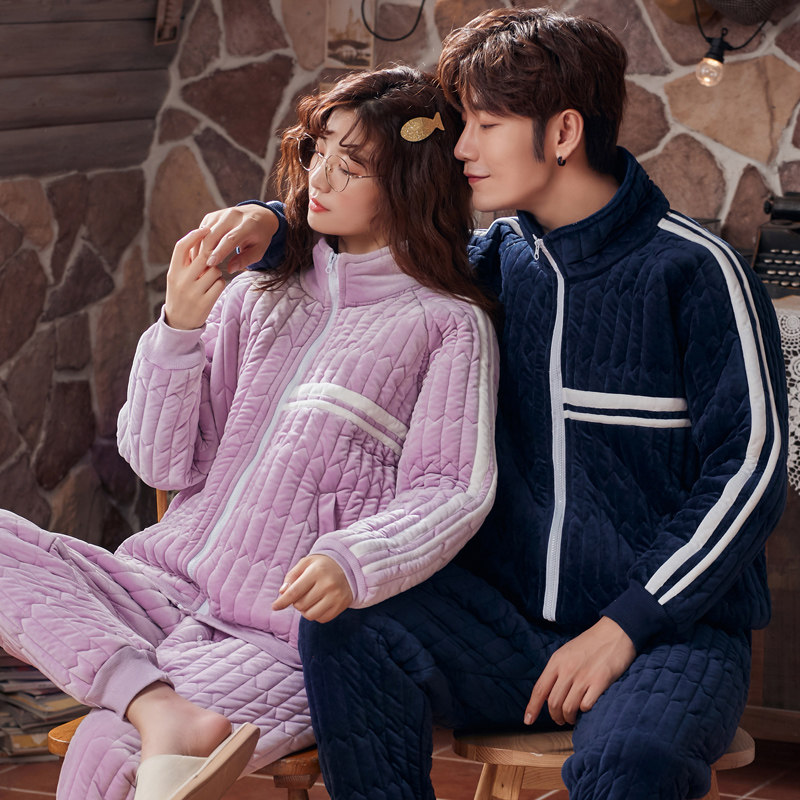 Pajamas couple female winter student dormitory coral velvet thickened men plus velvet set three layers can be worn outside cotton jacket youth