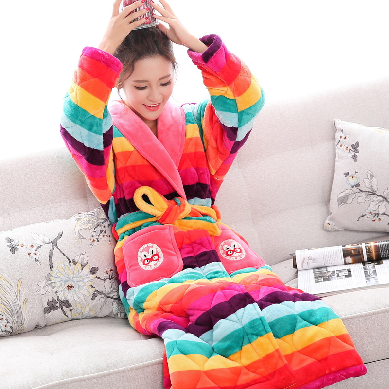 Sleeping Robes Women Autumn Winter Coral Suede Thickening Lengthened three layers clip Cotton pyjamas Home Clothing Flannel Warm Bathrobe-Taobao