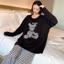 Fat Sister Sleepwear Woman Pure Cotton Big Code 200 Catty Long Sleeve Spring Autumn Cartoon Plaid Pants Plus Fattening Extra for the Yard Clothing
