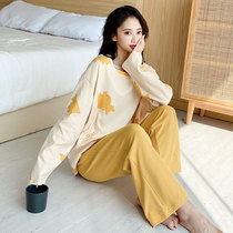 Fat Sister Sleepwear Spring Autumn Big Code 200 Catty Loose Pure Cotton Cartoon Round Collar Long Sleeve Long Pants Suit Home Conserved Woman