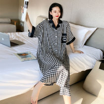 Summer Ice Silk Big Code Sleeping Dress Woman 200 catty Bird Gig Short Sleeve Pyjamas in Long Fat Mm Emulation Silk Home Skirt