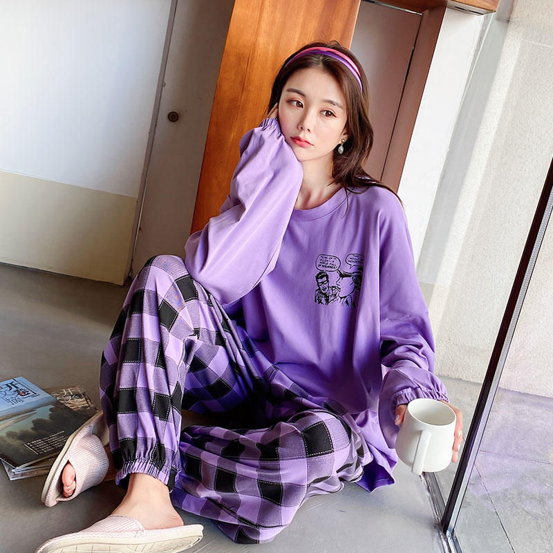 Fat Sister Fall Sleepwear Woman 200 Catty Spring Autumn Increased Code Pure Cotton Round Collar Long Sleeve Home Suit Suit Can Be Worn Out