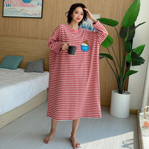 Pure cotton big code sleeping skirt woman 200 catty of spring autumn fat mm striped long sleeve pyjamas home clothes Home Gats up and up can be worn out