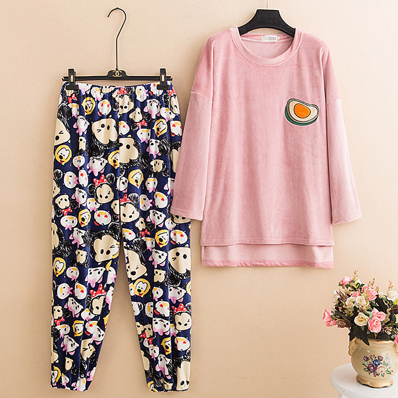 Island velvet large size pajamas Spring and Autumn Winter women 200kg fat coral velvet thin flannel home clothing fat girl mm