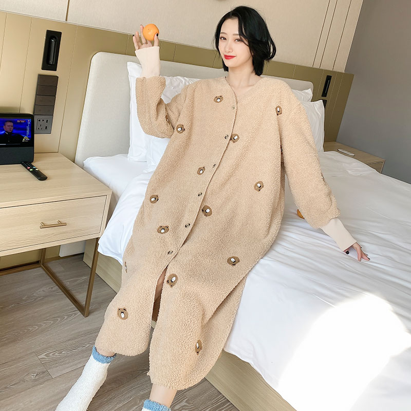 Autumn and winter thin coral fleece nightdress large size female fat mm winter loose cardigan home service 200 catties plus fertilizer to increase