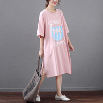 T-shirt nightgown women Summer cotton Korean version of large size fat mm loose medium length half sleeve pajamas home clothes can be worn outside