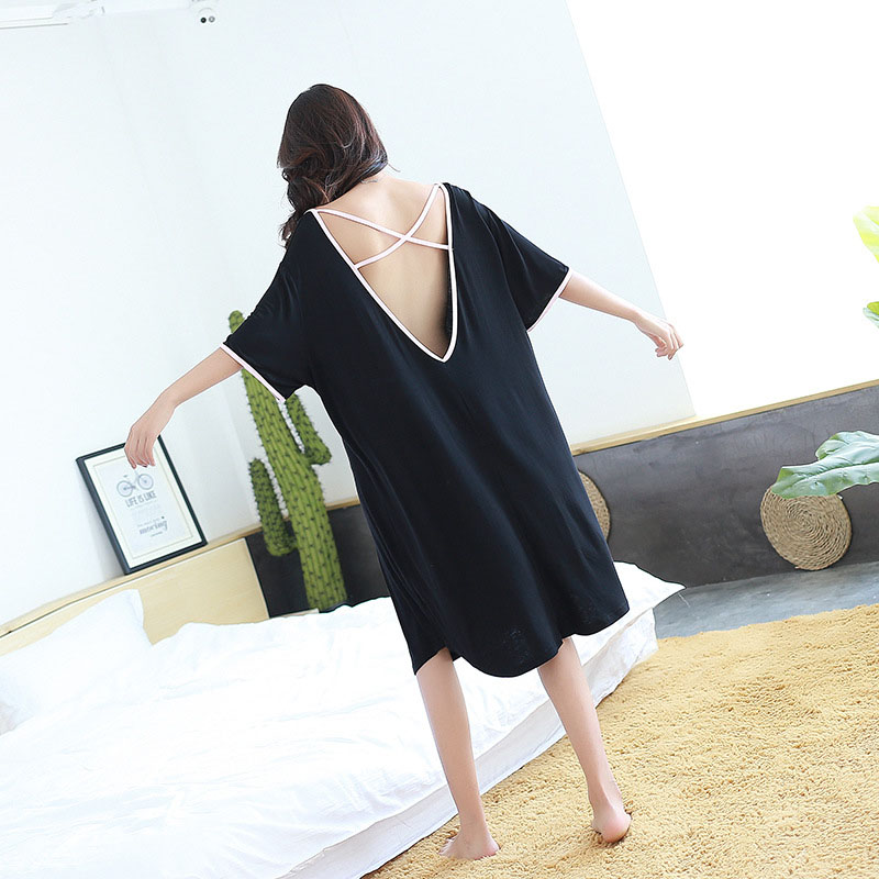 Large size sexy backless modal nightgown female fat mm200kg summer plus fat increase loose short sleeve thin nightgown