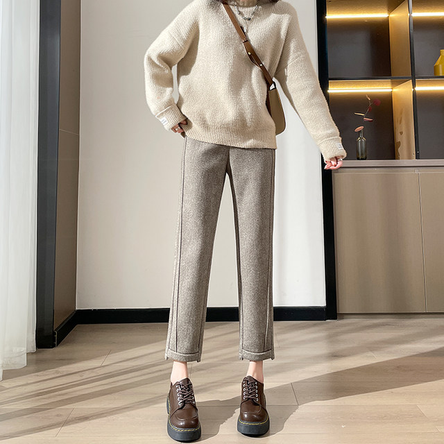 Plus velvet coffee color woolen straight-leg pants women's autumn and winter new high-waist loose and thin splicing thickened nine-point cigarette pants