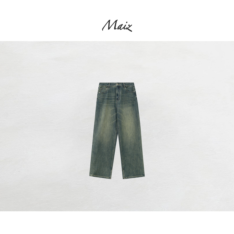 Zheng Maimei's New Split Hem Denim Jeans, Casual and Versatile, Washed and Distressed, Straight Cut, Super Stylish Women's Jeans