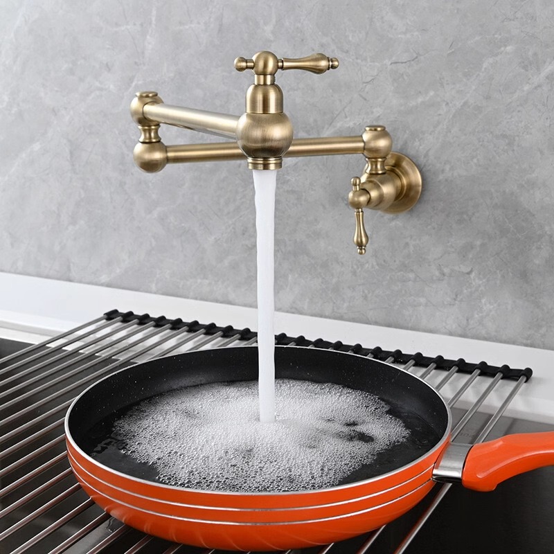 All-Copper Wall-Mounted Kitchen Faucet Single-Hole Stove Folding Dual-Open Vintage Single Cold Water Sink Faucet for Washing Dishes and Laundry