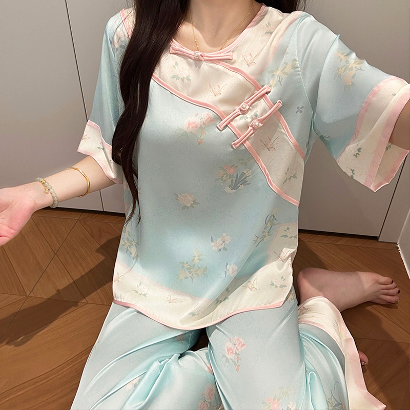 New Chinese Style Qing-Han Women's Pajamas, Ice Silk Spring and Summer Thin Style, Palace Style Loungewear Set, Spring and Autumn Style