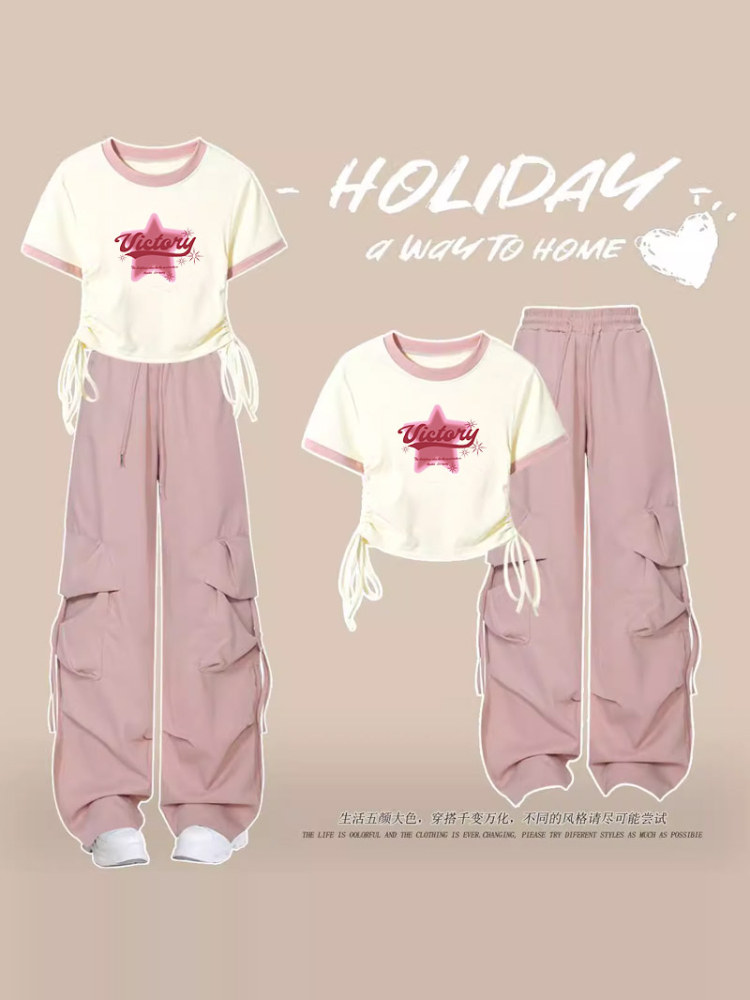 少女套装大童新款夏装时尚8-16岁T恤初中女学生高腰工装裤两件套-