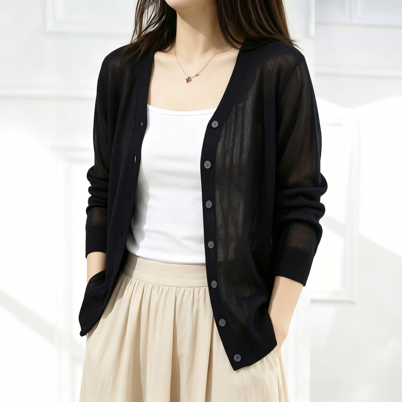 Plus-Size Slimming and Stylish Air-Conditioning Cardigan with V-Neck, Knitted Ice Silk, Sun Protection, Summer Elegant, Regular Shoulder, Ultra-Thin Jacket