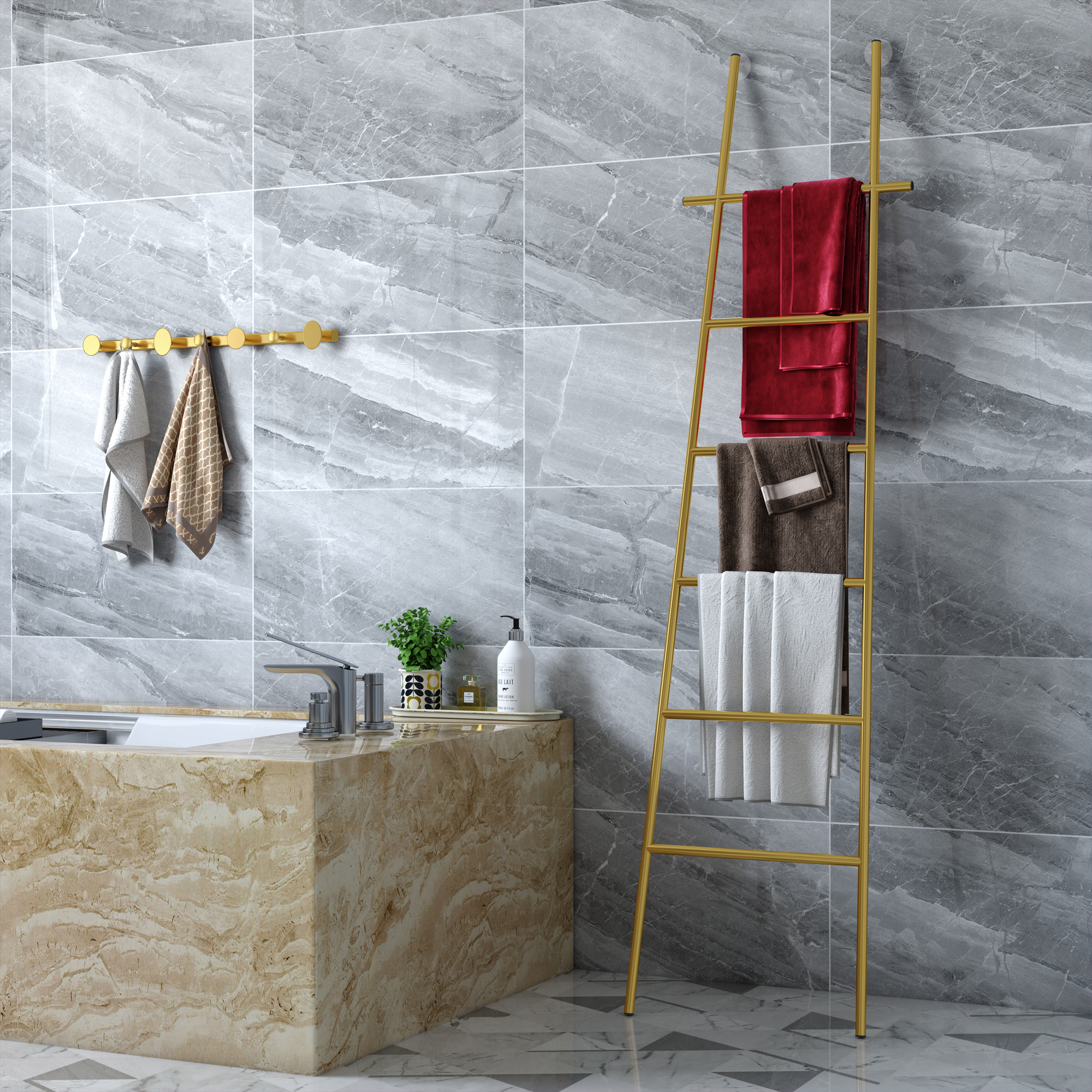 Nordic simple creative ladder towel rack floor-to-ceiling free punch suction cup non-slip bath towel rack rack powder room