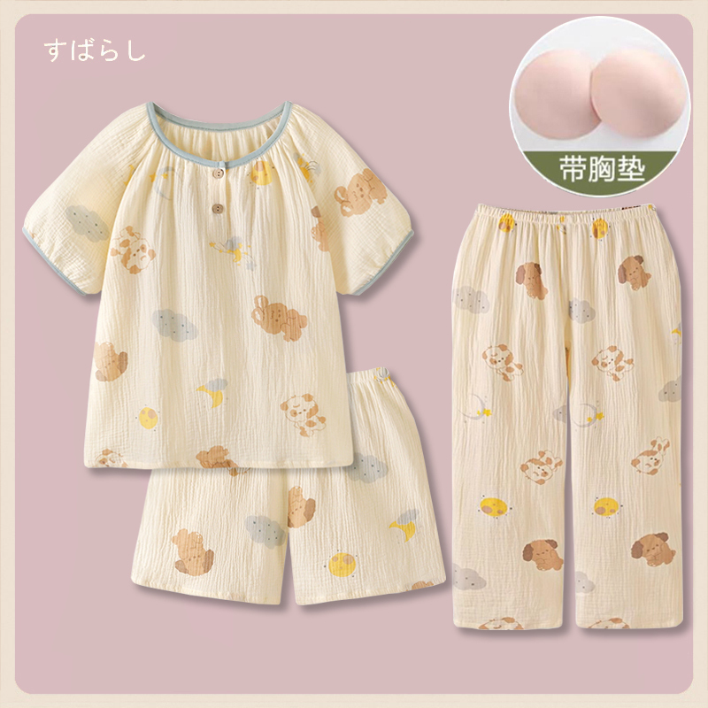 Pajamas with Breast Pads for Women, Summer Thin Pure Cotton Gauze Short-Sleeved Shorts and Long Pants Three-Piece Set, Cute Student Home Clothes