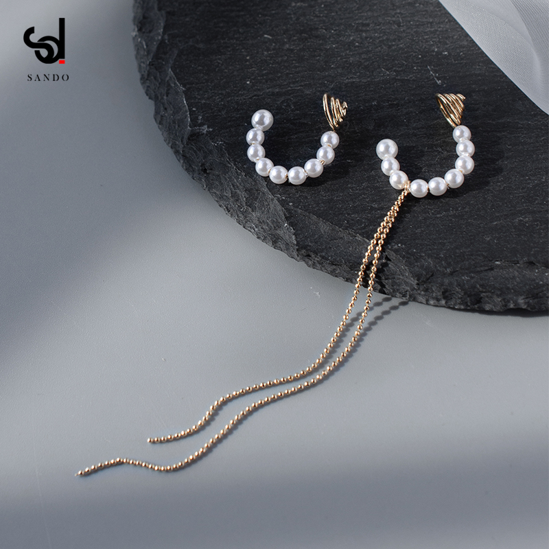 Long tassel pearl ear clip no ear hole female ear bone clip earrings advanced sense mosquito coil ear hook Qiao Xin with the same