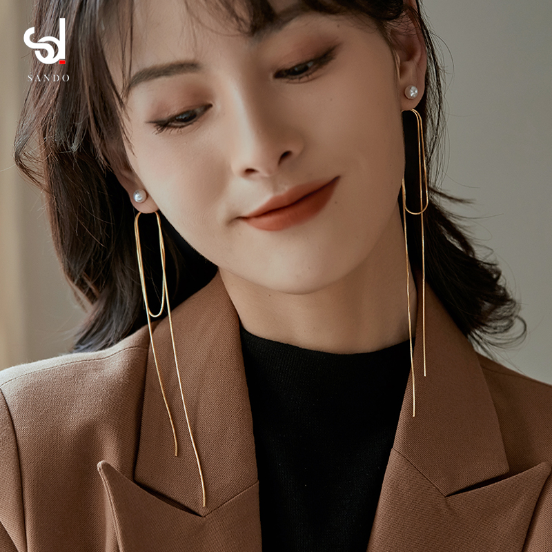 Ultra-long-style pure silver streaming suearrings female tennis red temperamental round face with thin ear necklace 2021 New wave pearl earrings