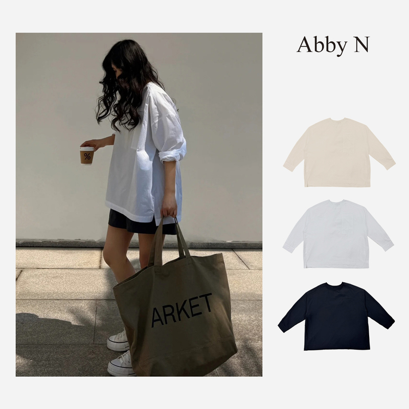 Round Neck Long Sleeve Loose Fit Patch Pocket Pullover Cotton Shirt Top/White Black F