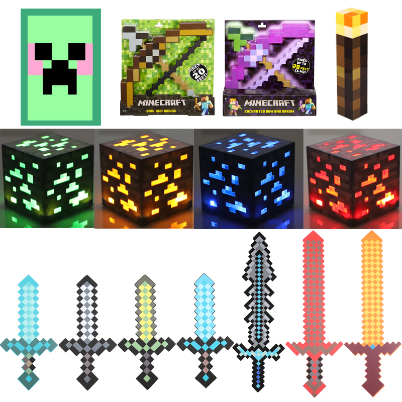 My World Minecraft Game Perimeter Diamond Sword Weapons Model Mine Lamp Fire Lights Steve Toys