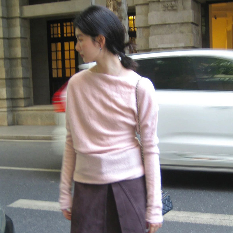 Fall Pink Needle Weaselweaters Outside of the Inner Hitch Pink Series Attrition and Slim Long Sleeve Blouses Superior Sweetness-Taobao