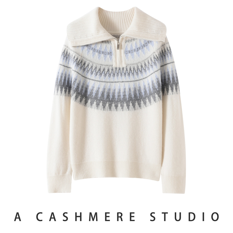 26 New Autumn and Winter Style Fair Isle Style Zippered Lapel Cashmere Sweater for Women, Long-Sleeved Loose Knitted Sweater, White, High-End Feel 26 New Autumn and Winter Style Fair Isle Style Zippered Lapel Cashmere Sweater for Women, Long-Sleeved Loose Knitted Sweater, White, High-End Feel