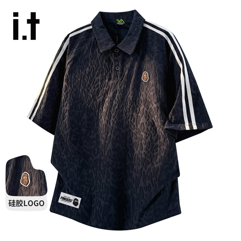 It Fingercroxx American Retro Lapel T-Shirt Men's Summer Loose and Versatile Stripesd Short-Sleeved Polo Shirt