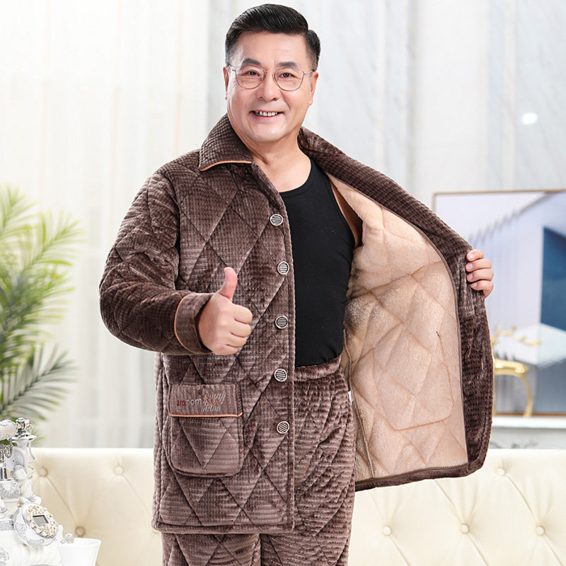 Dad's pajamas men's winter thickened velvet coral velvet cotton-padded jacket men's middle-aged and elderly home wear suit