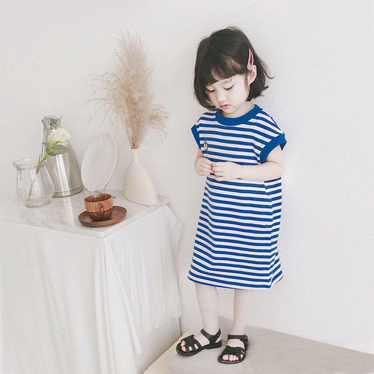 Girls' Summer Dress, Navy Style, Children's Blue Striped Sleeveless Pure Cotton T-Shirt Dress, Baby Tank Top Dress, Trendy