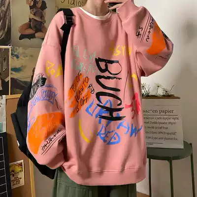 Long sleeve couple pink men's clothes 2021 hot new loose Ruffian handsome graffiti clothes coat top
