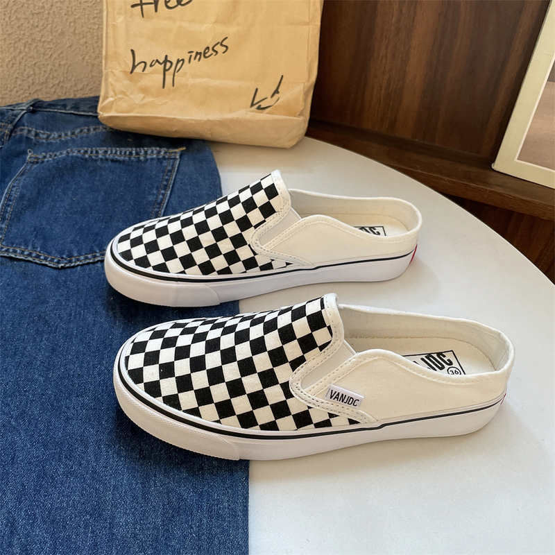 Orange Duck Black and White Plaid Half-Slip Women's Shoes Summer Slip-On Canvas Shoes Women's Low-Top Casual Couple Sneakers for Men