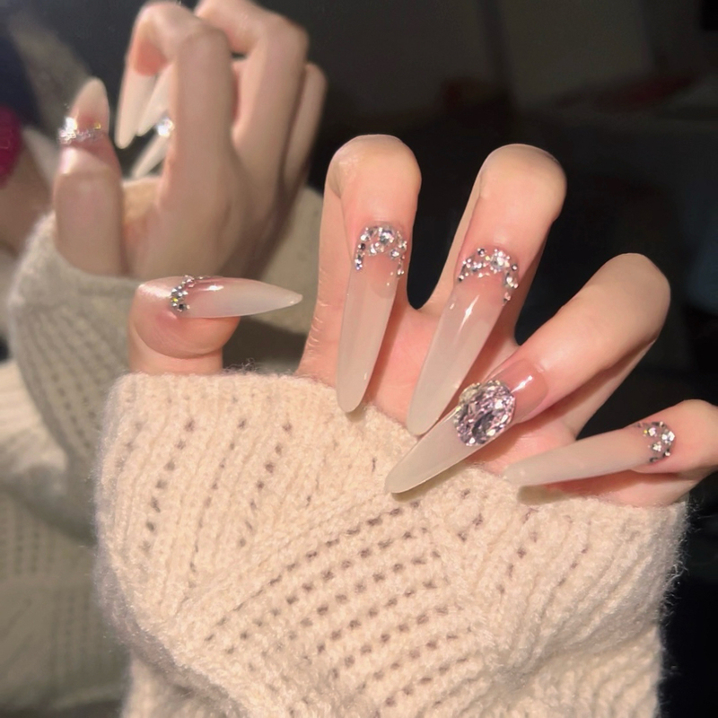 Purely Handmade Nude Glitter Rhinestone Press-On Nails 2026 New High-End Spring and Summer Mid-Length Gradient Rich Lady Style Manicure