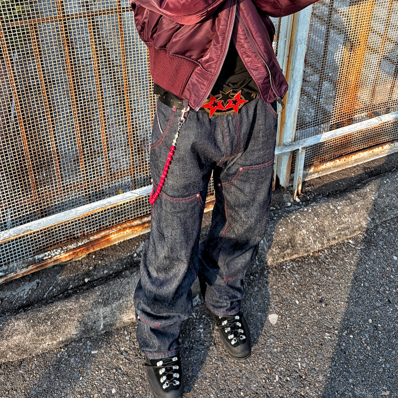 Mergelab Vintage Narrow Red-Edged Selvedge Raw Denim Imitation Turquoise Blue Jeans Lumberjack Pants Slightly A-Line Straight Leg