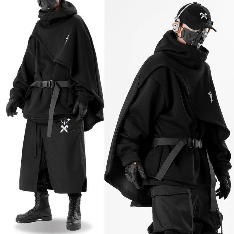 Trendy Ninja-Style Hooded Sweatshirt with a High Collar, Loose Fit, Two-Piece Look, Unisex Couple's Jacket