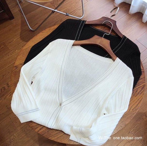 Hết cổ áo Nhật Bản cổ chữ V tay áo 7 điểm cho lụa băng và áo len dệt kim hàng đầu áo len nữ mỏng phần mỏng với váy - Cardigan