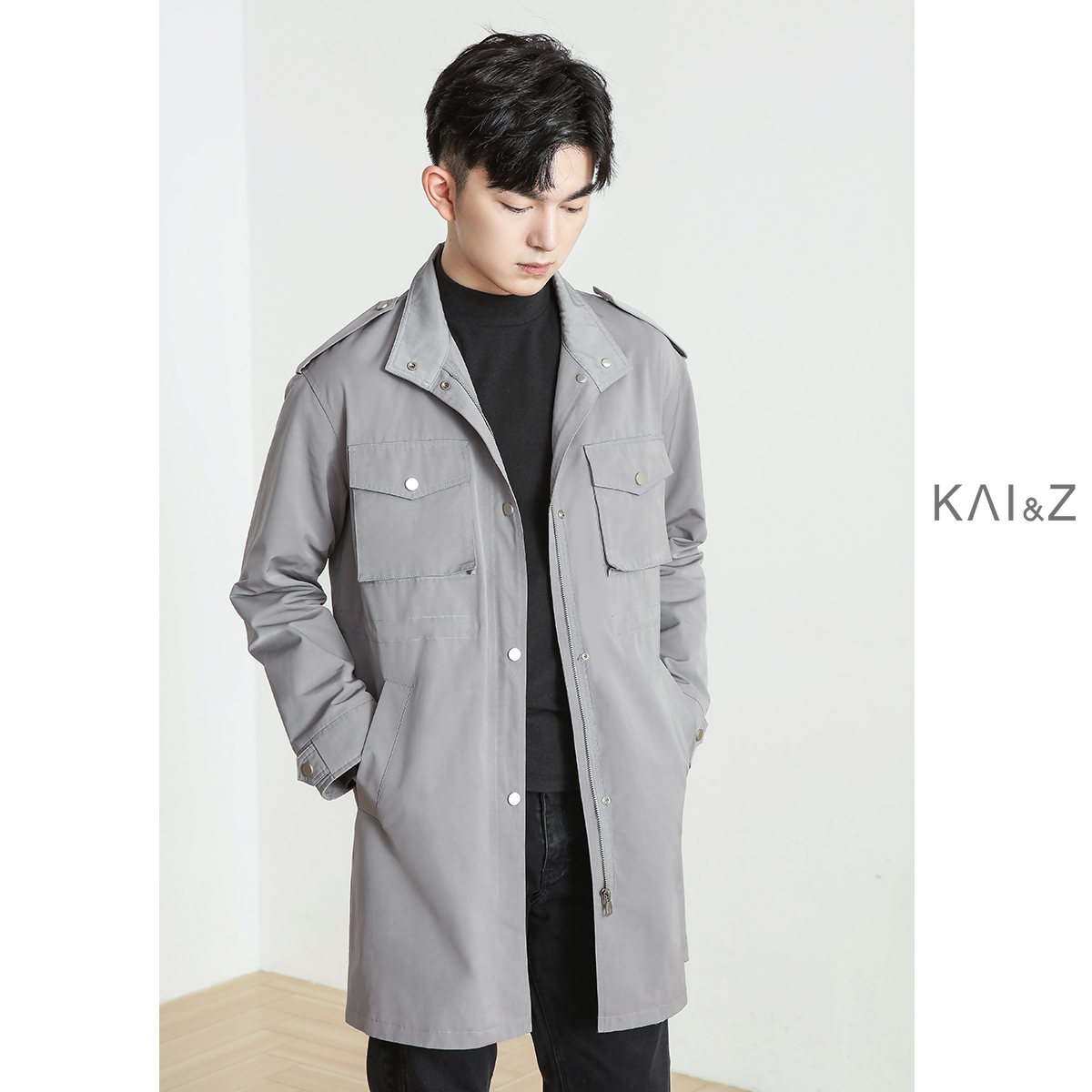 Kaichuan men's windbreaker mid-length 2022 autumn new stand-up collar silhouette casual trend British style thin coat