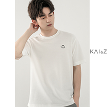 Waffle short sleeve T-shirt mens summer loose trend grid breathable thin round neck smile embroidery T-shirt tide